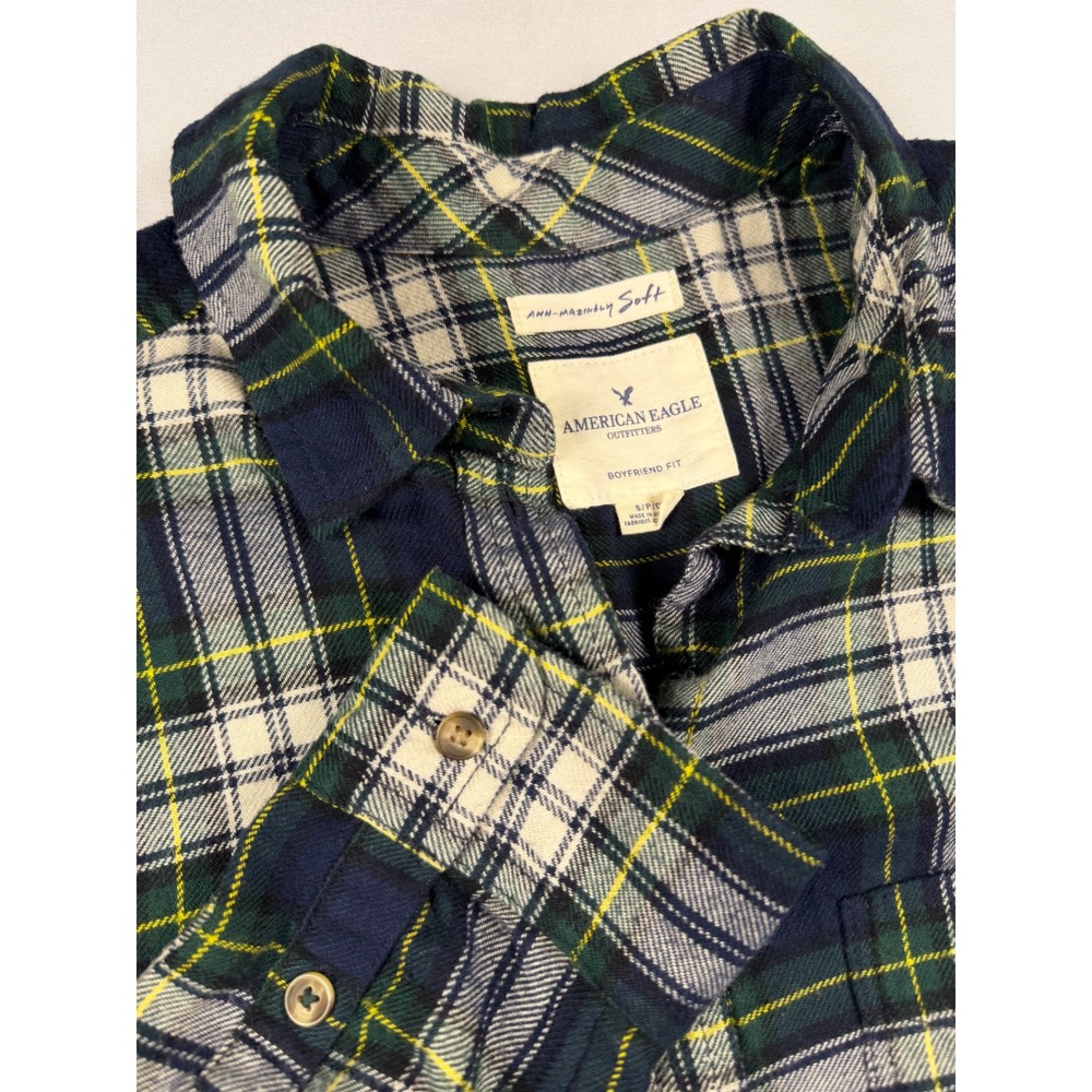 American Eagle Ahh-mazingly Soft Plaid Flannel Shirt Boyfriend Fit Navy Green S